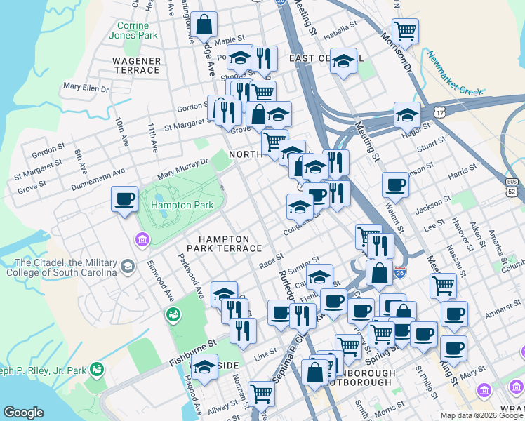 map of restaurants, bars, coffee shops, grocery stores, and more near 633 Rutledge Avenue in Charleston