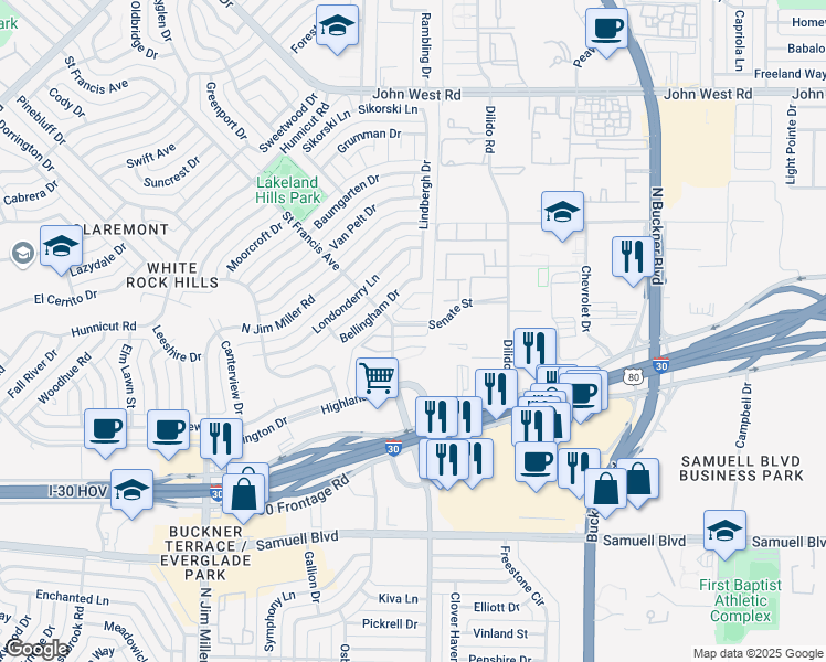 map of restaurants, bars, coffee shops, grocery stores, and more near 8845 Saint Thomas Circle in Dallas