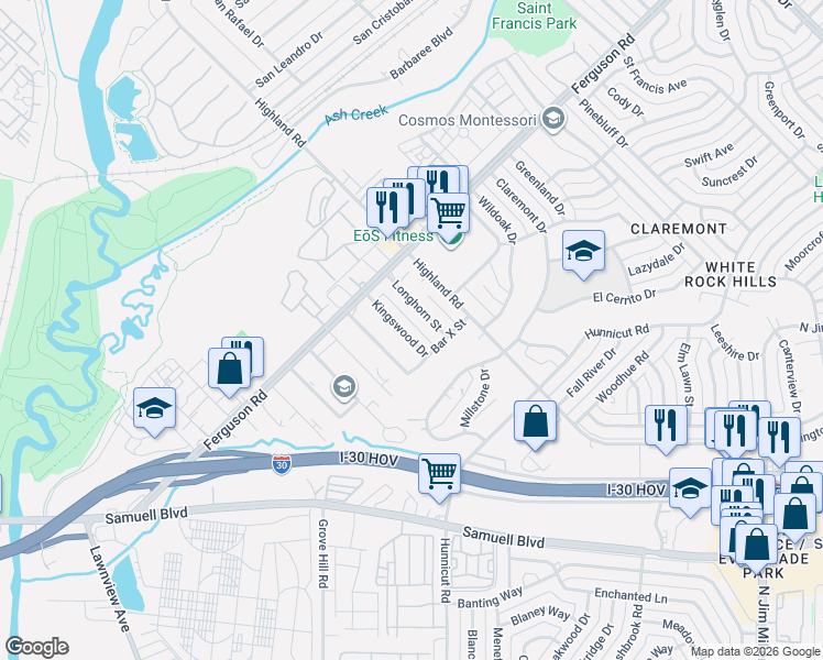 map of restaurants, bars, coffee shops, grocery stores, and more near 2350 Kingswood Drive in Dallas