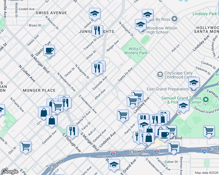 map of restaurants, bars, coffee shops, grocery stores, and more near 5510 Santa Fe Avenue in Dallas