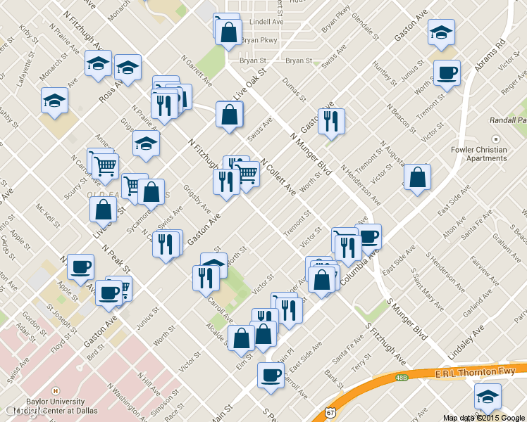 map of restaurants, bars, coffee shops, grocery stores, and more near in Dallas