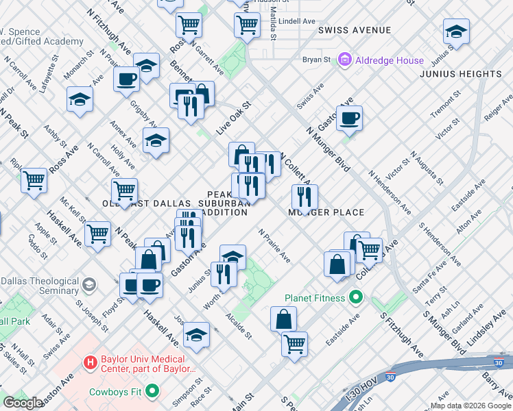map of restaurants, bars, coffee shops, grocery stores, and more near 4817 Junius Street in Dallas