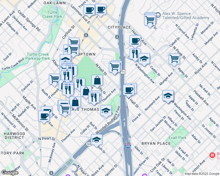 map of restaurants, bars, coffee shops, grocery stores, and more near 3117 Thomas Avenue in Dallas