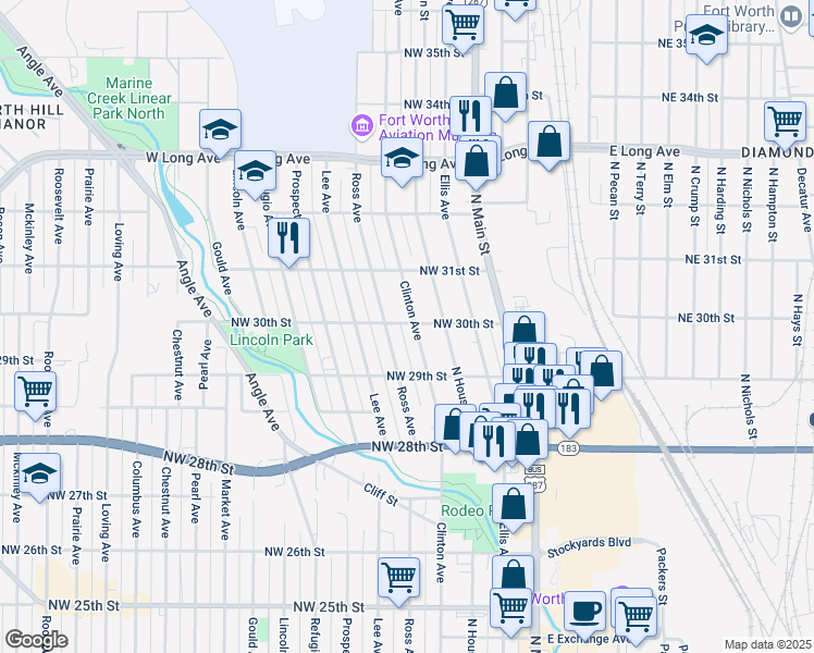 map of restaurants, bars, coffee shops, grocery stores, and more near 2918 Ross Avenue in Fort Worth