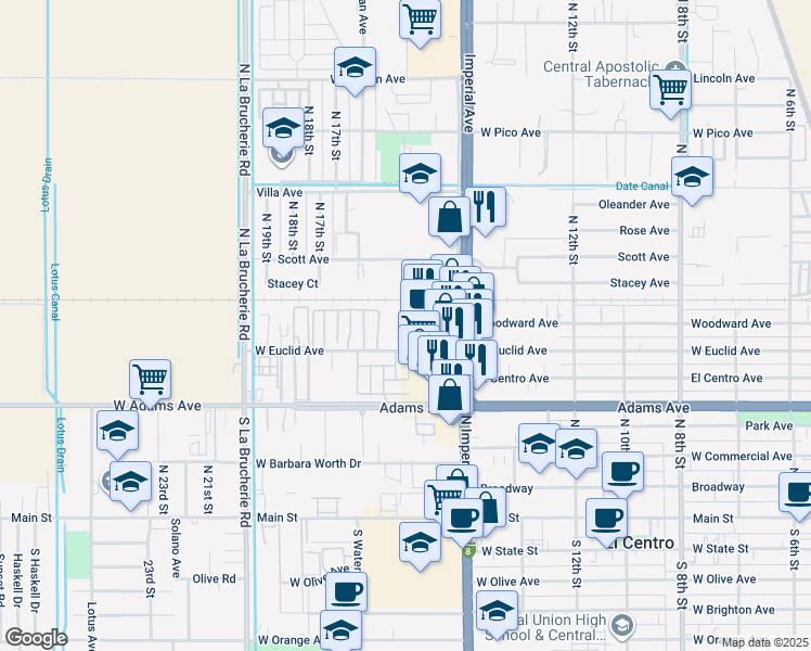 map of restaurants, bars, coffee shops, grocery stores, and more near 1620 West Euclid Avenue in El Centro