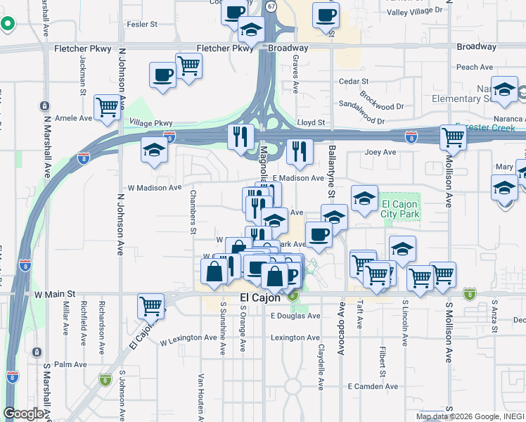 map of restaurants, bars, coffee shops, grocery stores, and more near 396 North Magnolia Avenue in El Cajon