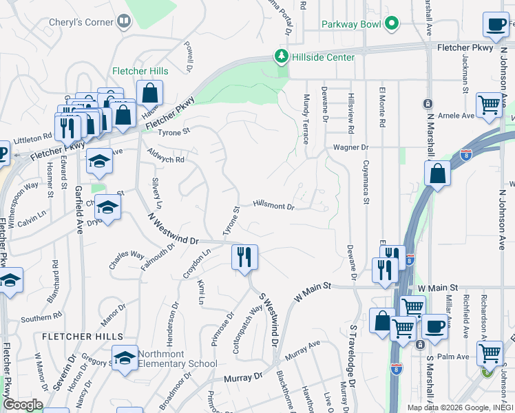map of restaurants, bars, coffee shops, grocery stores, and more near 1681 Hillsmont Drive in El Cajon