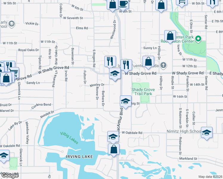 map of restaurants, bars, coffee shops, grocery stores, and more near 1426 Westwood Drive in Irving