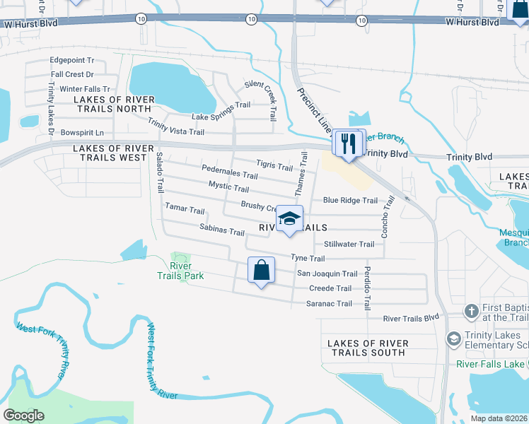 map of restaurants, bars, coffee shops, grocery stores, and more near 8820 Brushy Creek Trail in Fort Worth
