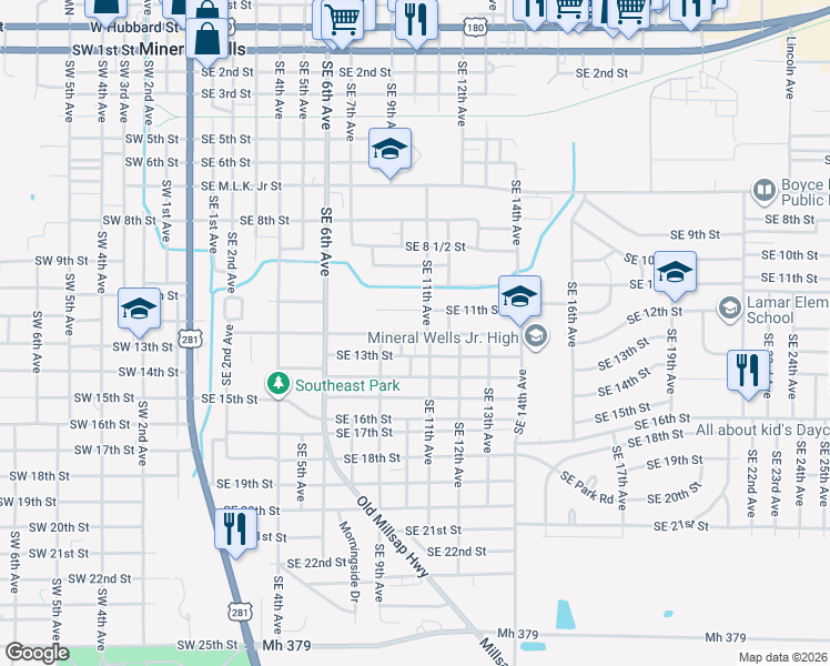 map of restaurants, bars, coffee shops, grocery stores, and more near 908 Southeast 12th Street in Mineral Wells