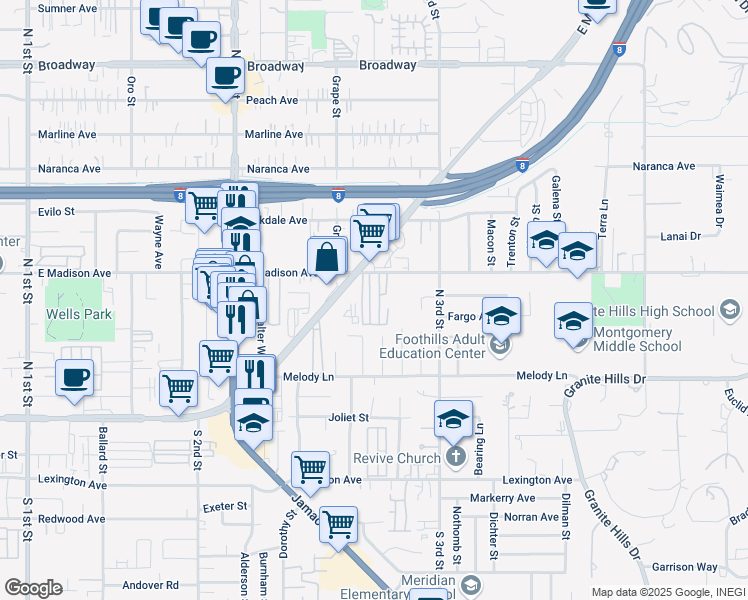 map of restaurants, bars, coffee shops, grocery stores, and more near 1425 East Madison Avenue in El Cajon