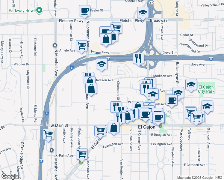 map of restaurants, bars, coffee shops, grocery stores, and more near 436 Gardner Street in El Cajon