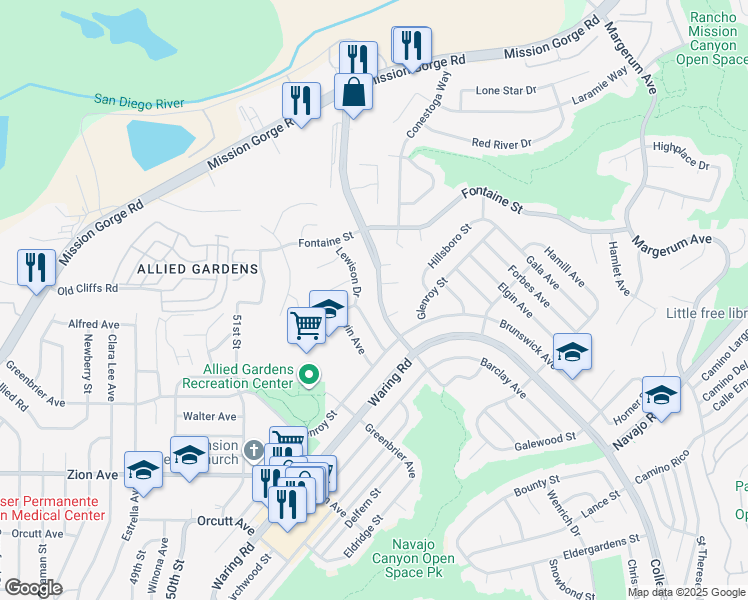 map of restaurants, bars, coffee shops, grocery stores, and more near 6976 Princess View Drive in San Diego