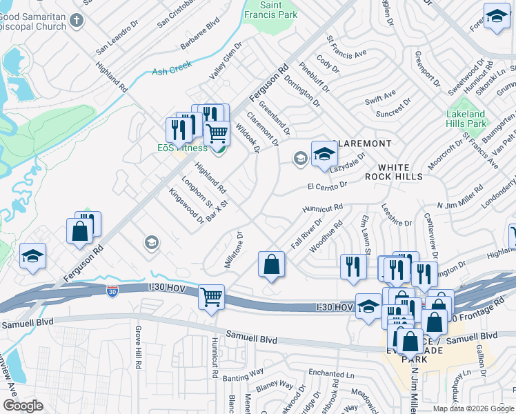map of restaurants, bars, coffee shops, grocery stores, and more near 8017 Claremont Drive in Dallas