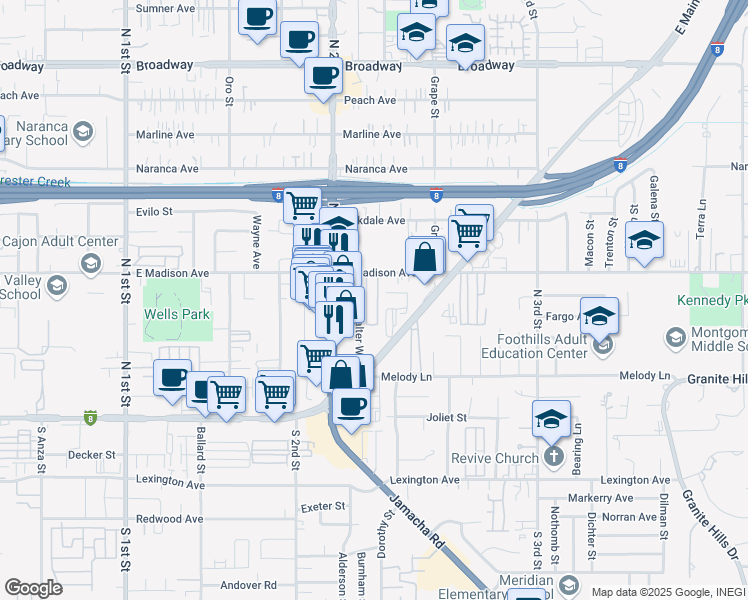 map of restaurants, bars, coffee shops, grocery stores, and more near in El Cajon