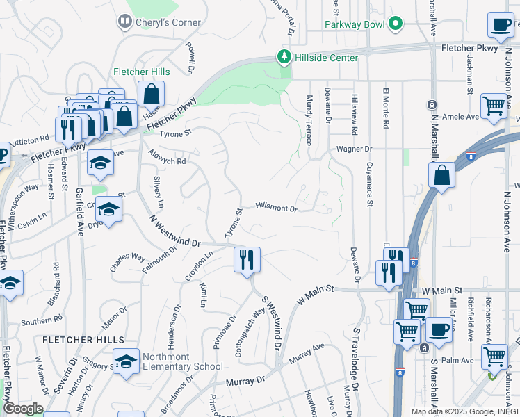 map of restaurants, bars, coffee shops, grocery stores, and more near 1673 Hillsmont Drive in El Cajon