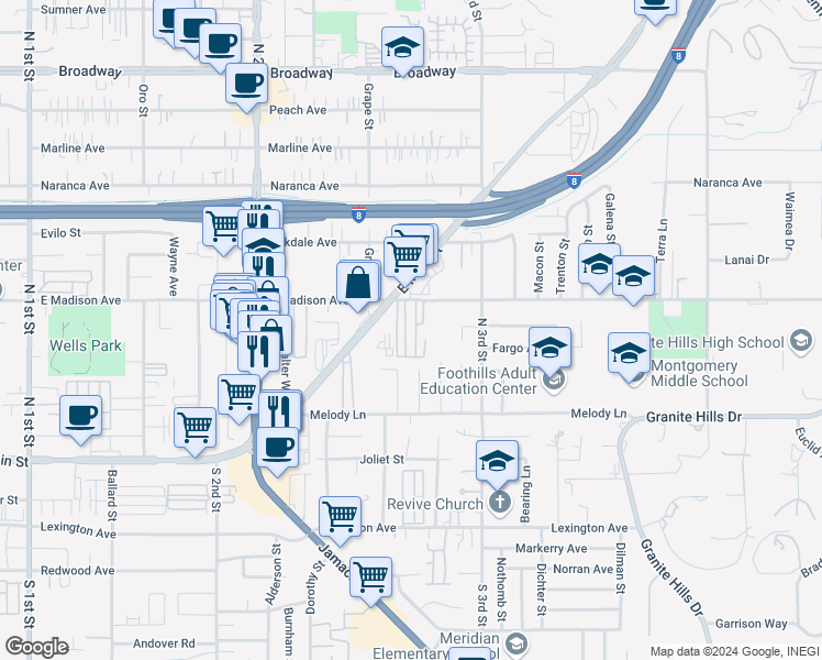 map of restaurants, bars, coffee shops, grocery stores, and more near 1425 East Madison Avenue in El Cajon