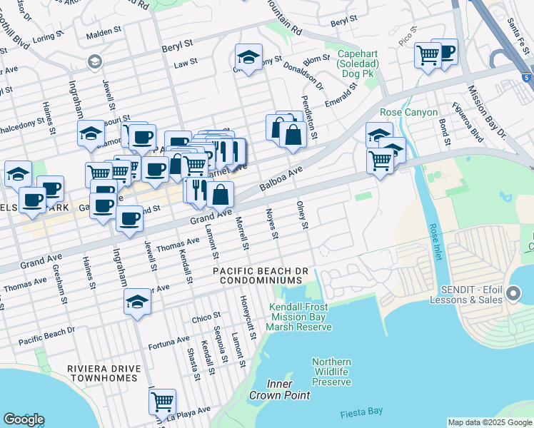 map of restaurants, bars, coffee shops, grocery stores, and more near 2076 Thomas Avenue in San Diego