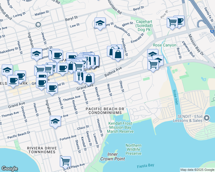 map of restaurants, bars, coffee shops, grocery stores, and more near 4320 Noyes Street in San Diego