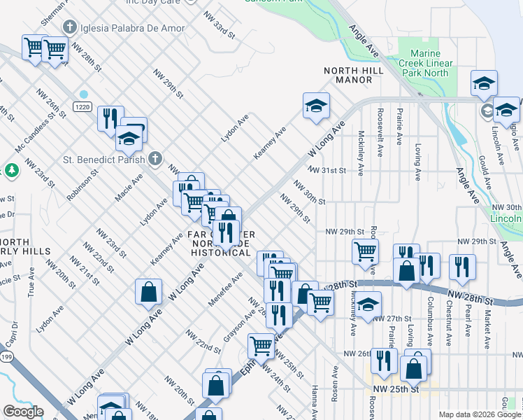 map of restaurants, bars, coffee shops, grocery stores, and more near 2622 Northwest 28th Street in Fort Worth