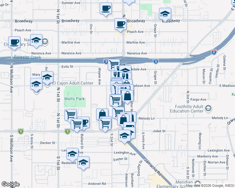 map of restaurants, bars, coffee shops, grocery stores, and more near 382 North 2nd Street in El Cajon