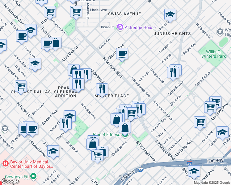map of restaurants, bars, coffee shops, grocery stores, and more near in Dallas