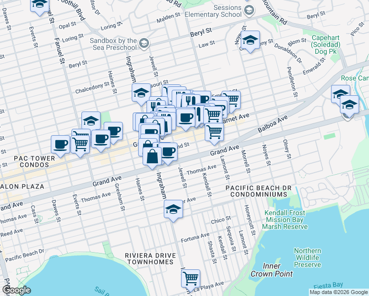 map of restaurants, bars, coffee shops, grocery stores, and more near in San Diego