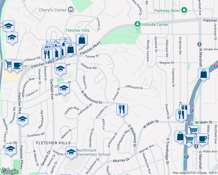 map of restaurants, bars, coffee shops, grocery stores, and more near 1902 Quidort Court in El Cajon