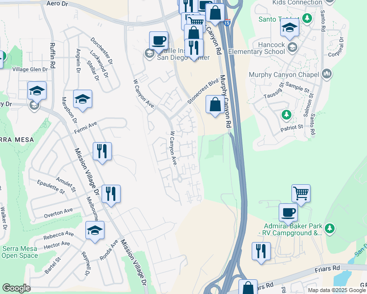 map of restaurants, bars, coffee shops, grocery stores, and more near 2967 West Canyon Avenue in San Diego
