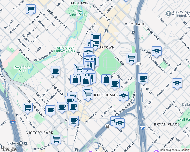 map of restaurants, bars, coffee shops, grocery stores, and more near 2630 Allen Street in Dallas
