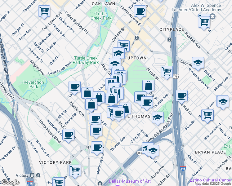 map of restaurants, bars, coffee shops, grocery stores, and more near None in Dallas