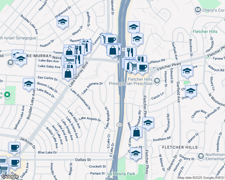 map of restaurants, bars, coffee shops, grocery stores, and more near 6451 Lake Mere Court in San Diego