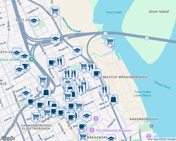 map of restaurants, bars, coffee shops, grocery stores, and more near 28 Cooper Street in Charleston