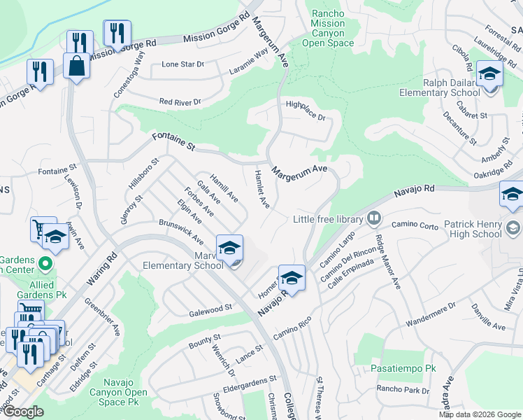 map of restaurants, bars, coffee shops, grocery stores, and more near 7310 Hamlet Avenue in San Diego