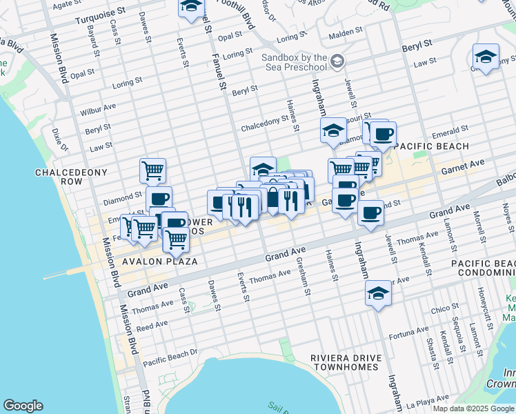 map of restaurants, bars, coffee shops, grocery stores, and more near 1339 Garnet Avenue in San Diego