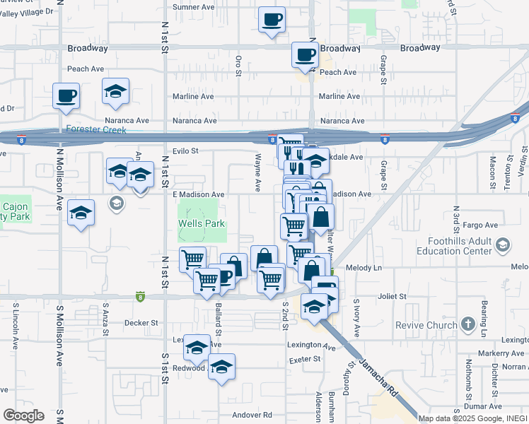 map of restaurants, bars, coffee shops, grocery stores, and more near 380 Shady Lane in El Cajon