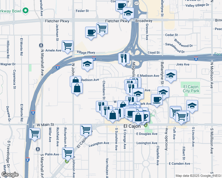 map of restaurants, bars, coffee shops, grocery stores, and more near 333 Wisconsin Avenue in El Cajon