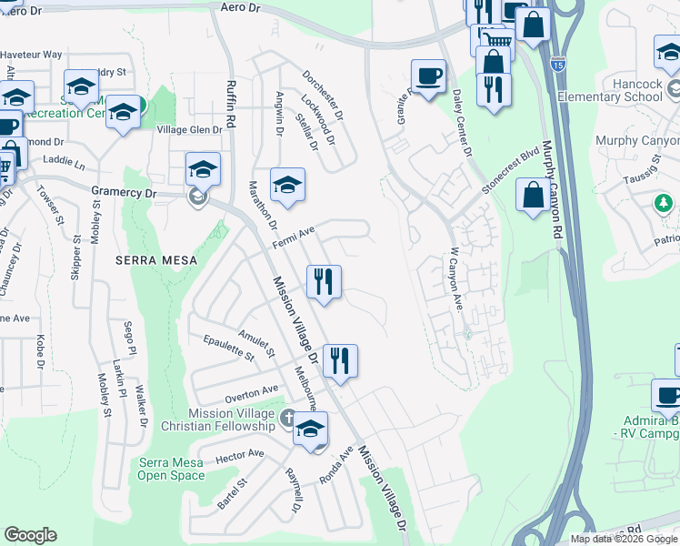 map of restaurants, bars, coffee shops, grocery stores, and more near 9422 Seltzer Court in San Diego