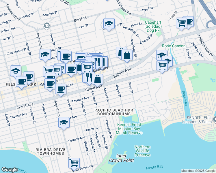 map of restaurants, bars, coffee shops, grocery stores, and more near 4315 Morrell Street in San Diego