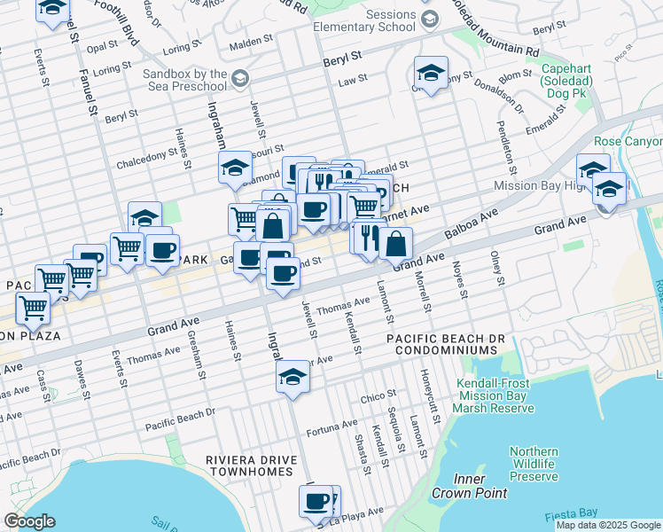 map of restaurants, bars, coffee shops, grocery stores, and more near in San Diego