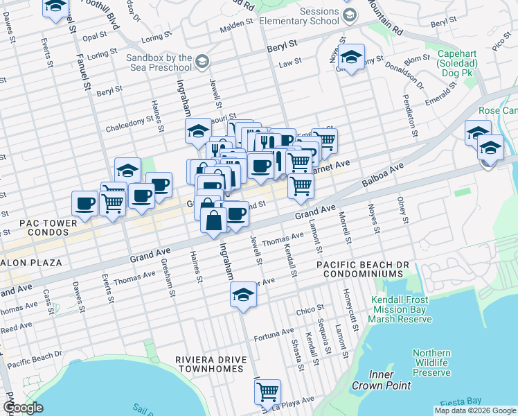map of restaurants, bars, coffee shops, grocery stores, and more near in San Diego