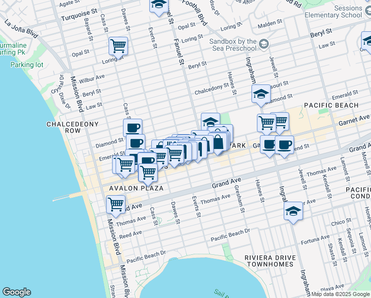 map of restaurants, bars, coffee shops, grocery stores, and more near 1227 Felspar Street in San Diego