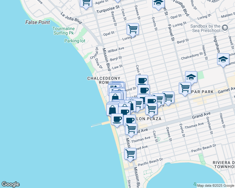 map of restaurants, bars, coffee shops, grocery stores, and more near 4682 Mission Boulevard in San Diego