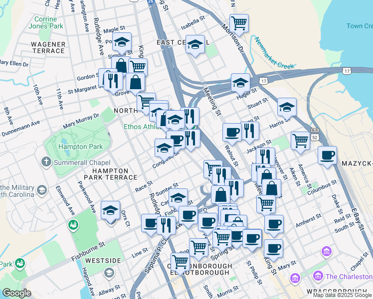 map of restaurants, bars, coffee shops, grocery stores, and more near in Charleston