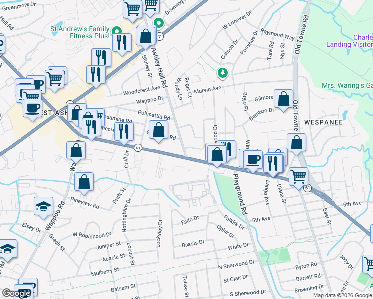 map of restaurants, bars, coffee shops, grocery stores, and more near in Charleston