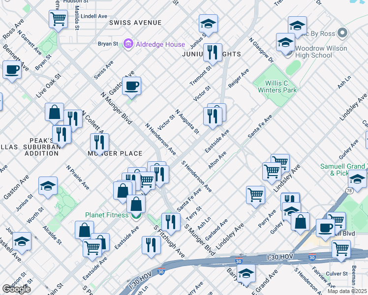 map of restaurants, bars, coffee shops, grocery stores, and more near 5314 Columbia Avenue in Dallas