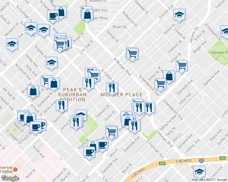 map of restaurants, bars, coffee shops, grocery stores, and more near 4920 Worth Street in Dallas