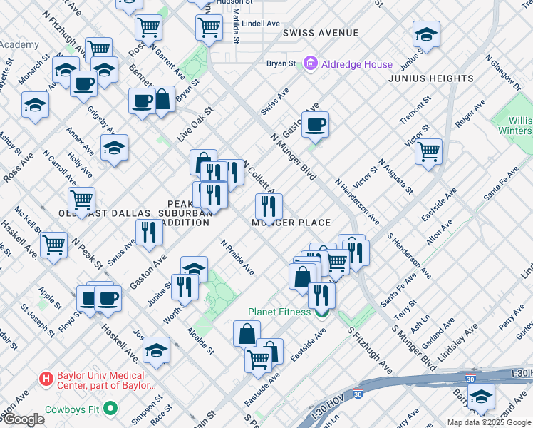 map of restaurants, bars, coffee shops, grocery stores, and more near 4920 Worth Street in Dallas