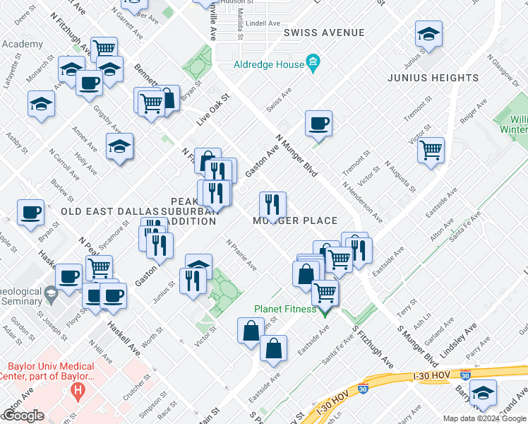 map of restaurants, bars, coffee shops, grocery stores, and more near 4920 Worth Street in Dallas