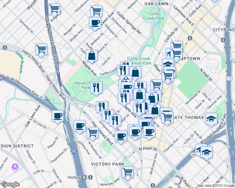 map of restaurants, bars, coffee shops, grocery stores, and more near in Dallas
